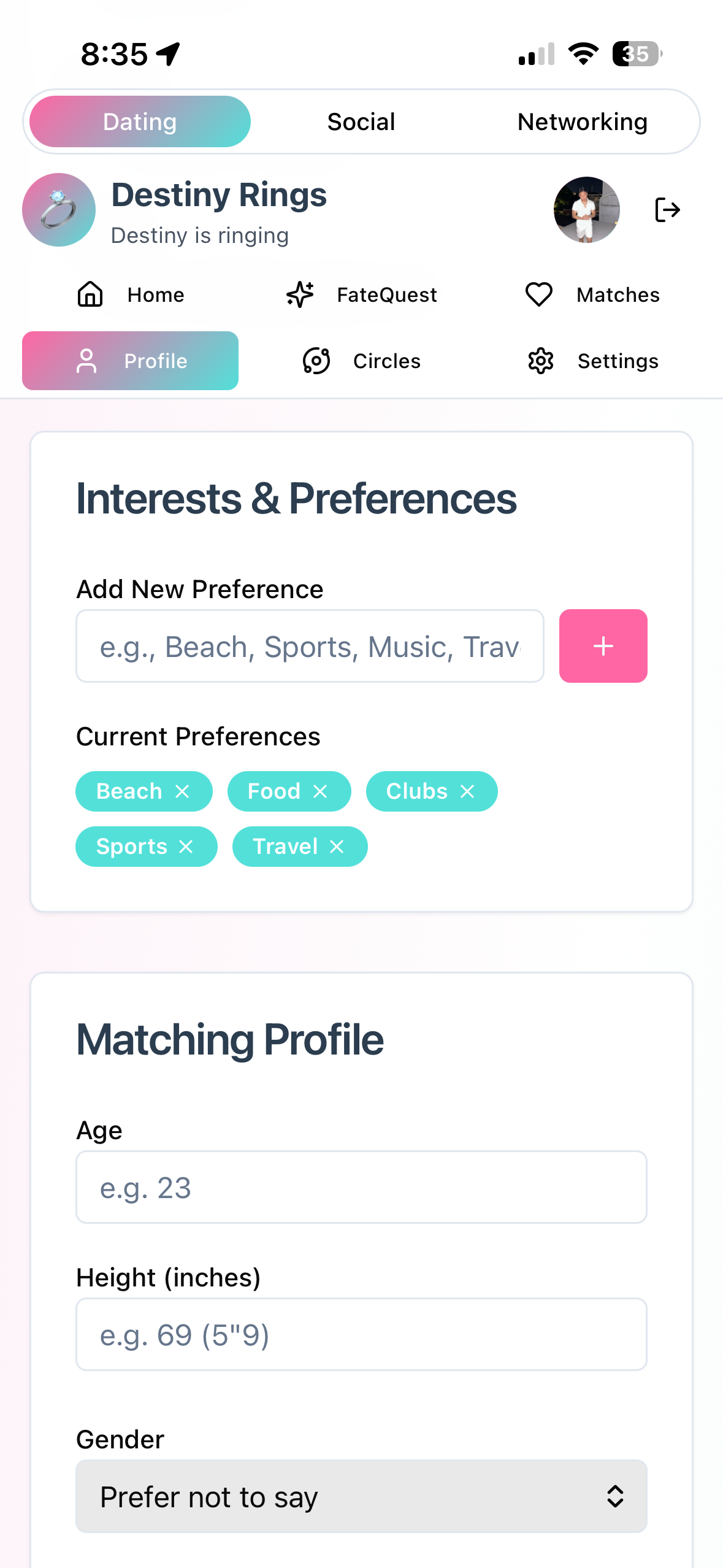 Profile screen
