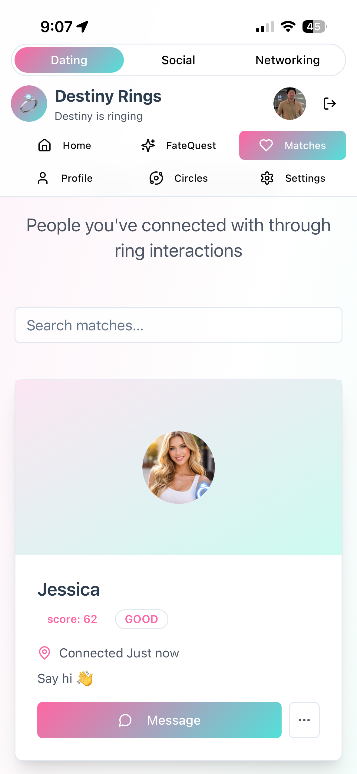 Destiny Rings app match screen