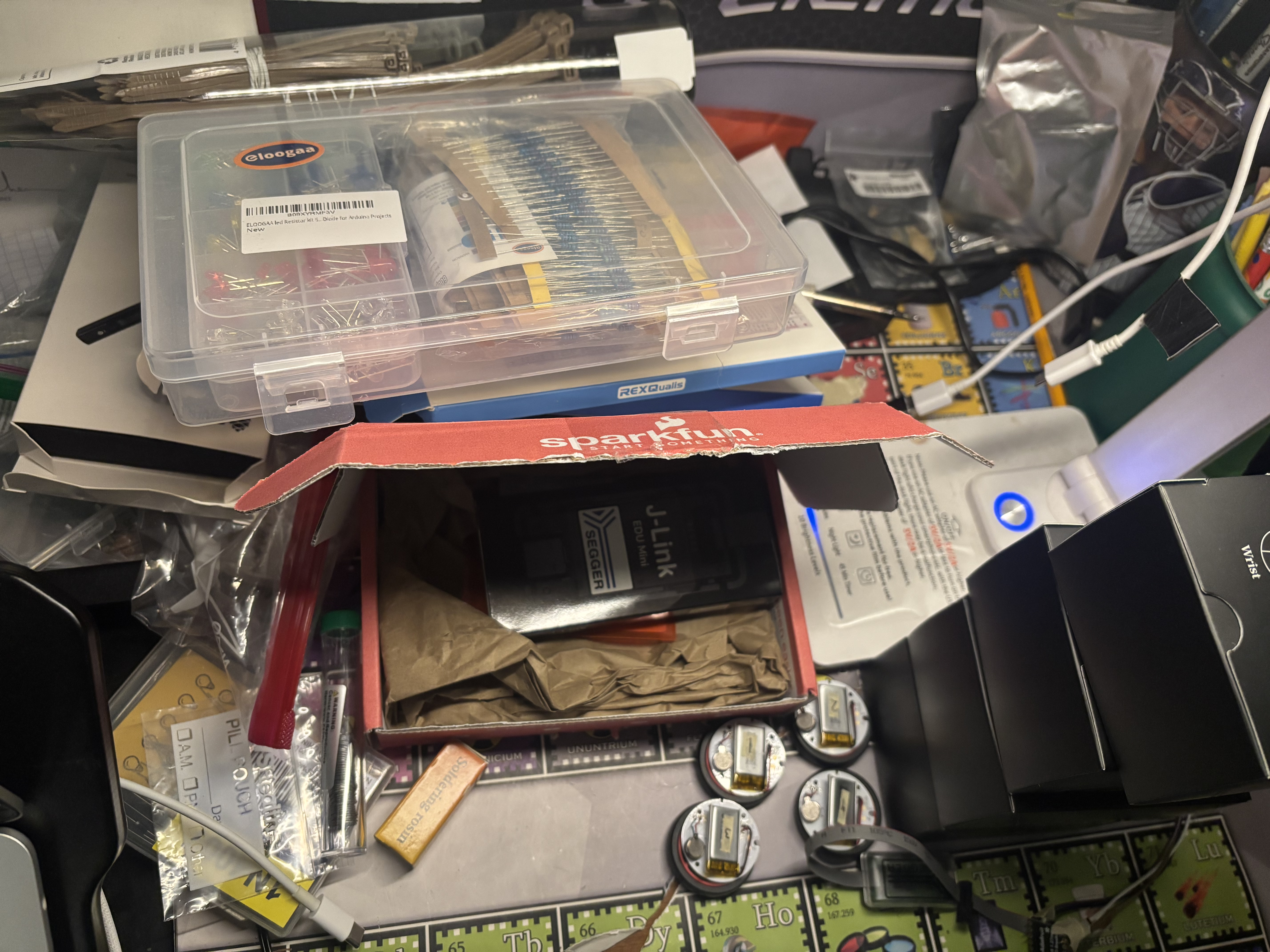 Electronics workbench with parts used to prototype Destiny Rings